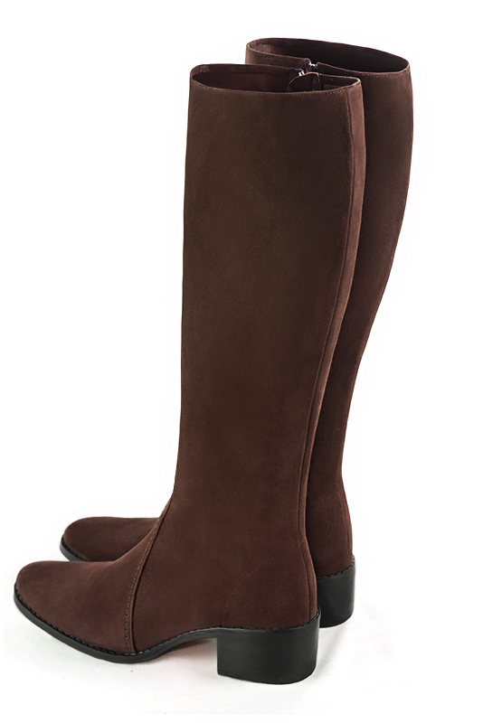 Dark brown women's riding knee-high boots. Round toe. Low leather soles. Made to measure. Rear view - Florence KOOIJMAN